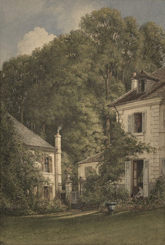 Pintura de una casa rodeada de jardín y árboles frondosos