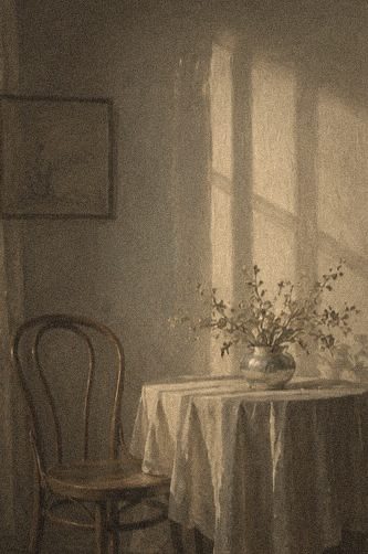 Pintura de un interior con silla, mesa y jarrón de flores