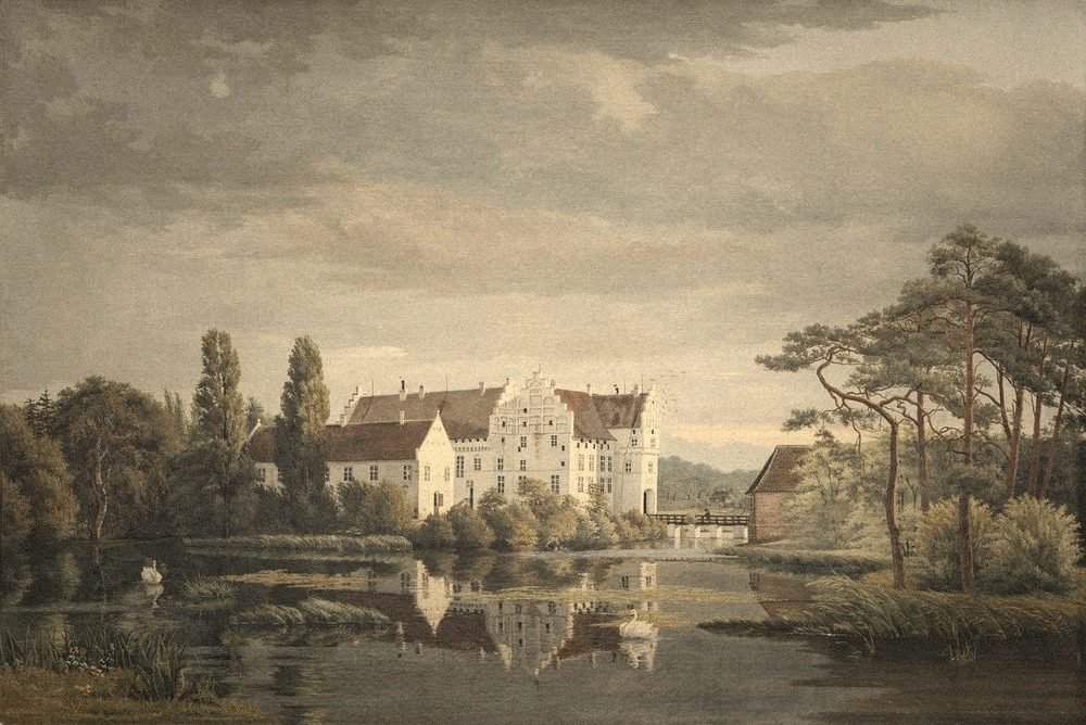 Pintura de una casa señorial blanca junto a un lago con cisnes