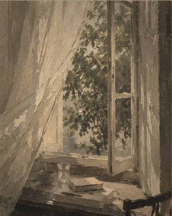 Pintura de una ventana abierta con cortinas y vista a los árboles